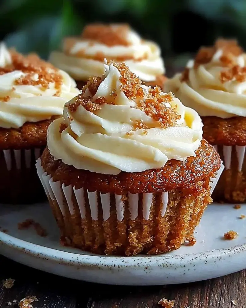 Moist carrot cake cupcakes topped with creamy frosting on a rustic table