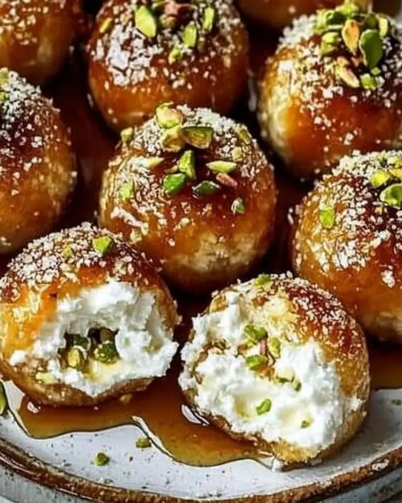 Delicious ricotta bites with pistachios and honey on a plate.