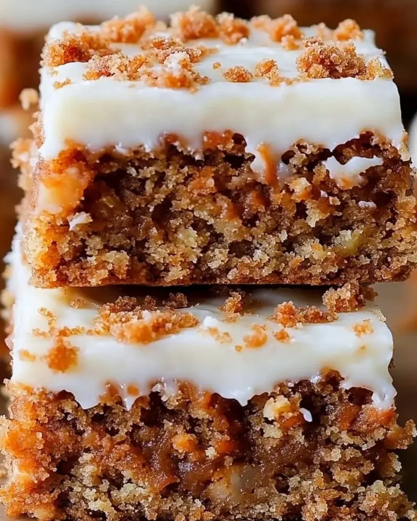 Delicious sheet pan carrot cake bars topped with cream cheese frosting.
