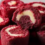 A plate of sweet red velvet brownie bites with a creamy frosting topping
