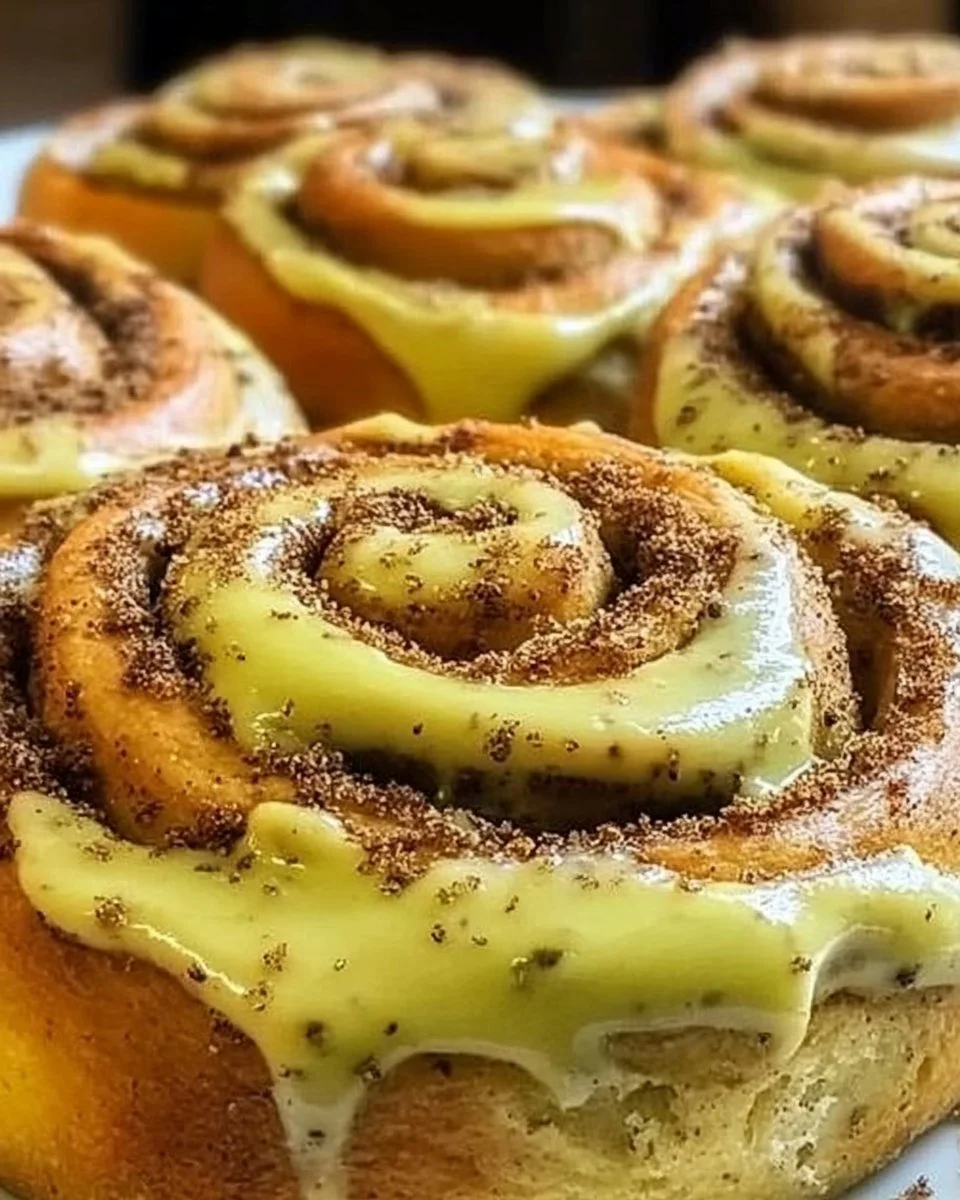 Warm pistachio cream cinnamon rolls dusted with cinnamon and served on a plate.