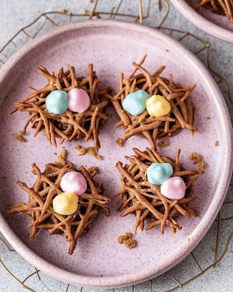 Plate of delicious Bird's Nest Cookies decorated with chocolate and candies