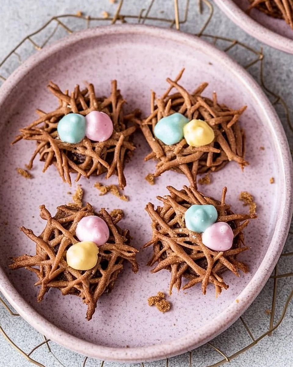 Plate of delicious Bird's Nest Cookies decorated with chocolate and candies