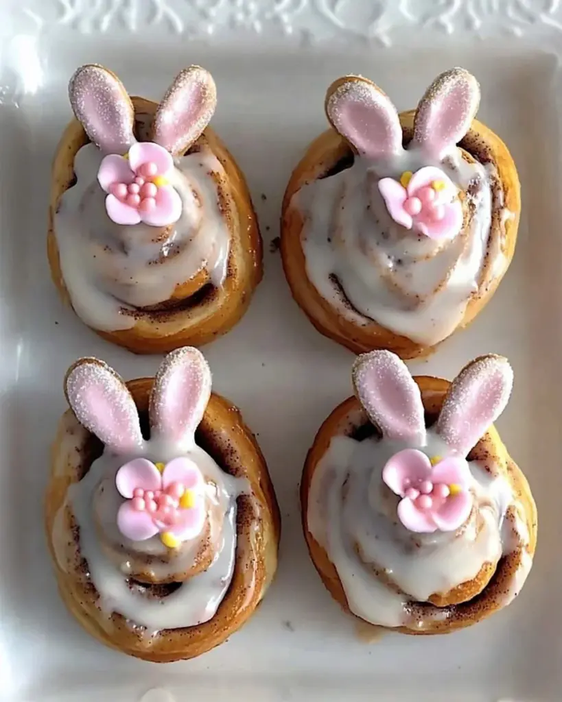 Easter Bunny cinnamon rolls decorated for festive holiday brunch