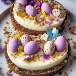 Easter Egg Cheesecake decorated with chocolate eggs and colorful sprinkles