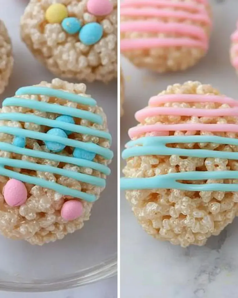 Colorful Easter Egg Rice Krispies Treats arranged on a festive plate.