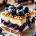 Delicious Blueberry Crisp Cheesecake Bars served on a plate with fresh berries.