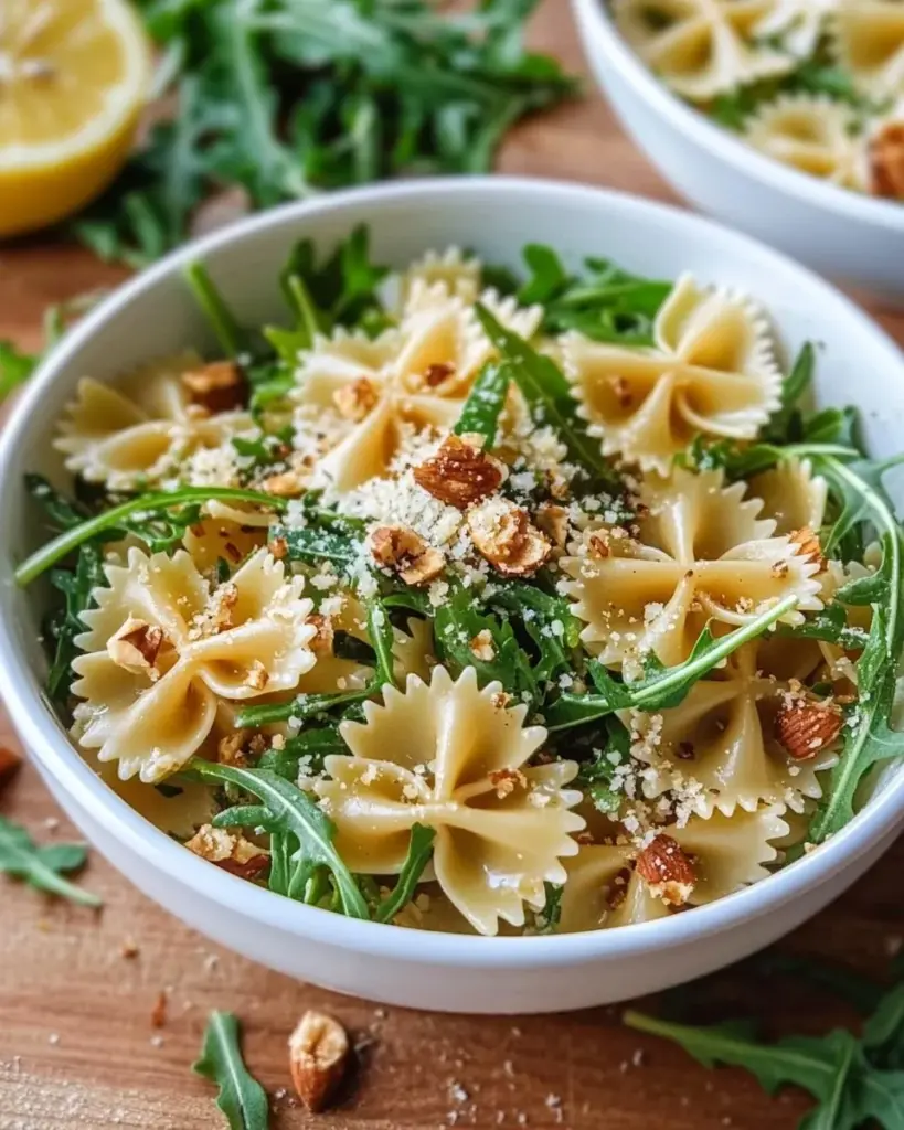 Bright lemon arugula pasta salad in a bowl garnished with lemon slices.
