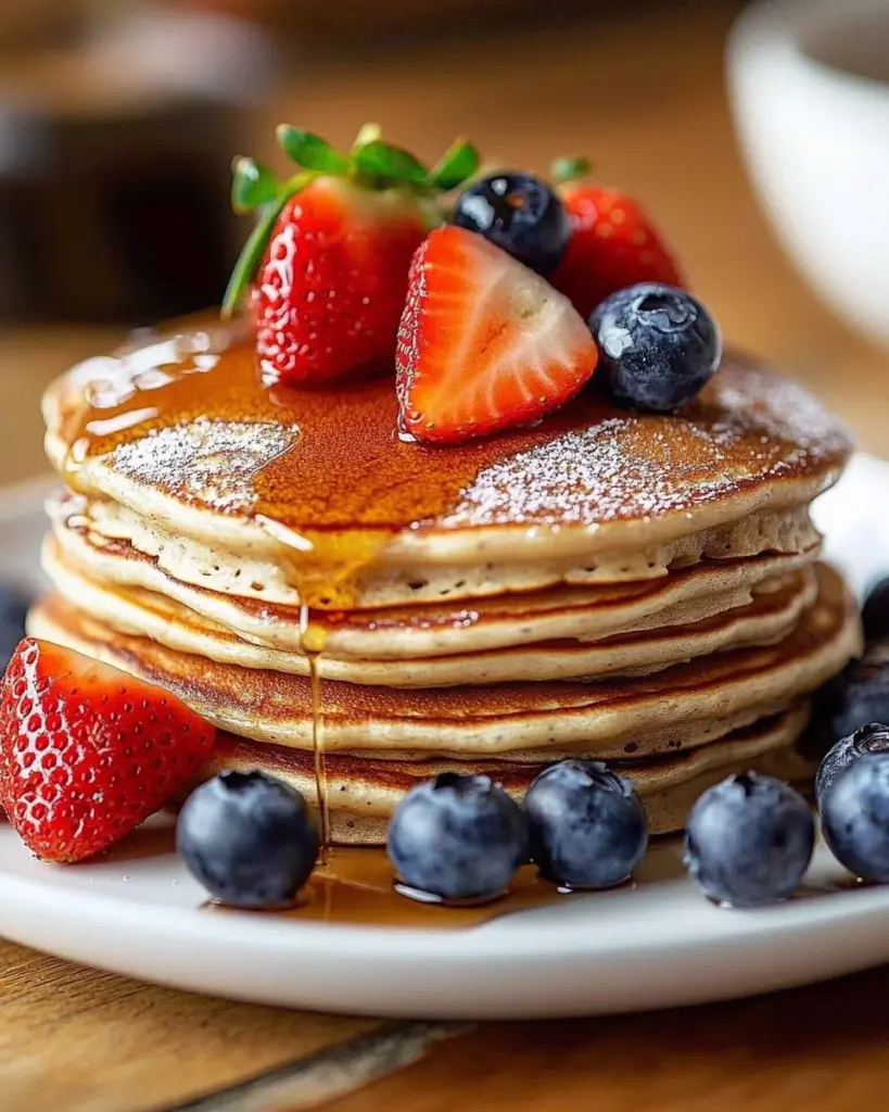 Delicious buckwheat pancakes stacked with syrup and berries