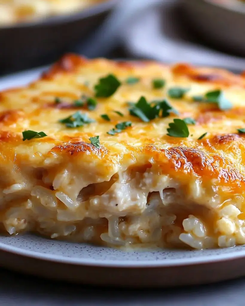 Delicious Chicken Cauliflower Rice Casserole topped with cheese and herbs