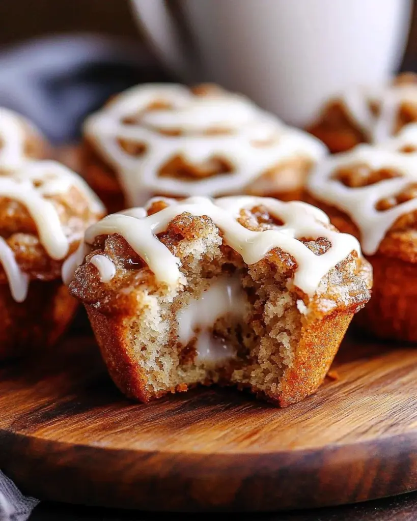 Cinnamon roll protein muffins topped with icing on a rustic table.