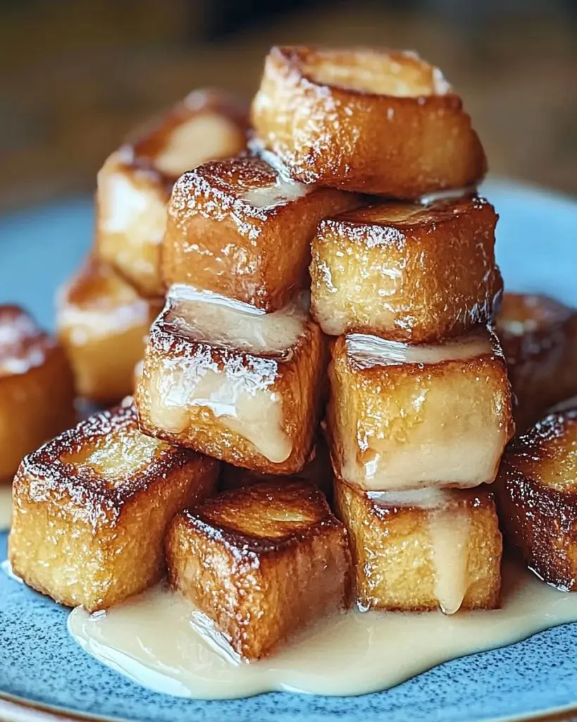 Delicious French Toast Bites topped with syrup and berries.
