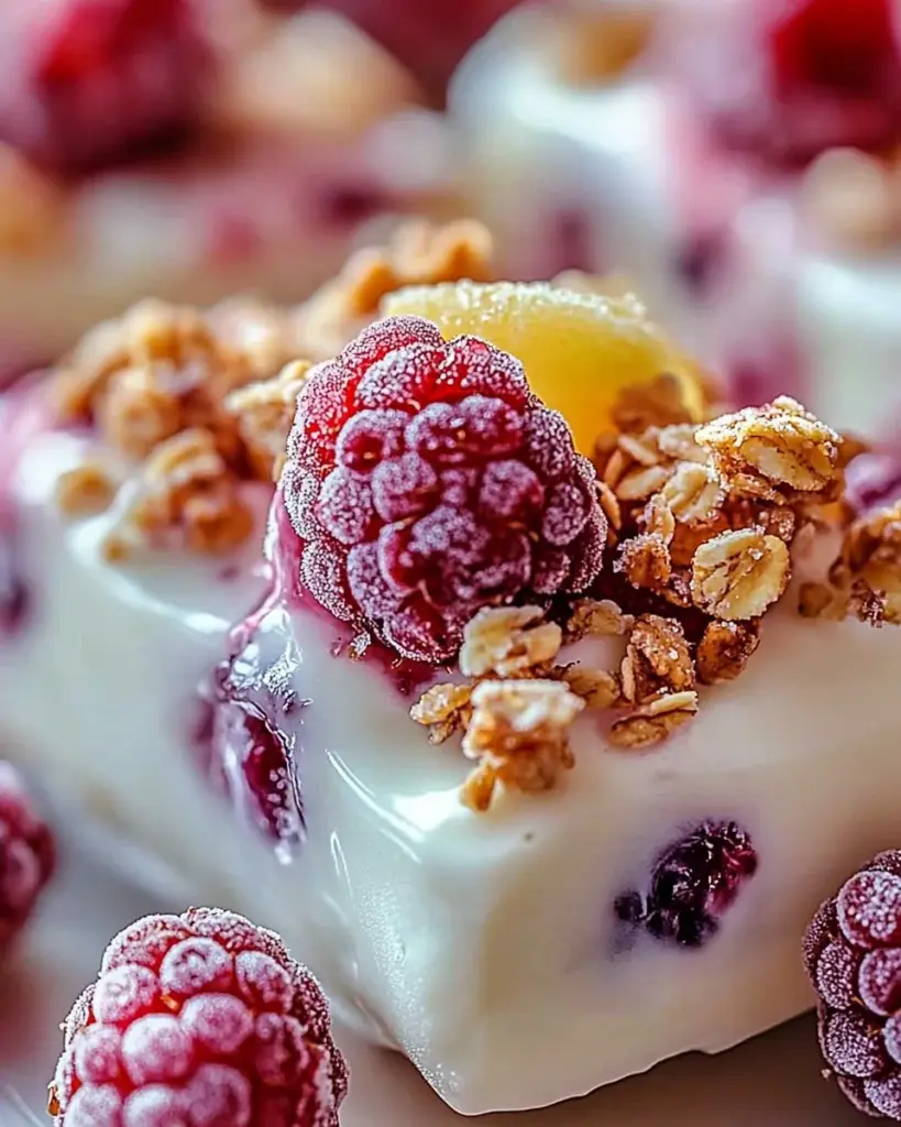 High protein frozen mango Greek yogurt bark topped with fruits