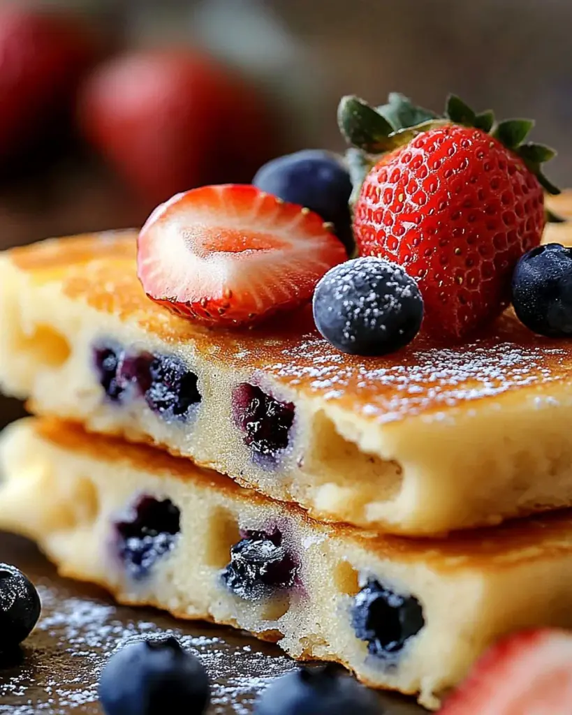 Delicious sheet pan pancakes served with syrup and berries