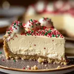 Delicious sugar cookie cheesecake slice on a plate with a spoon