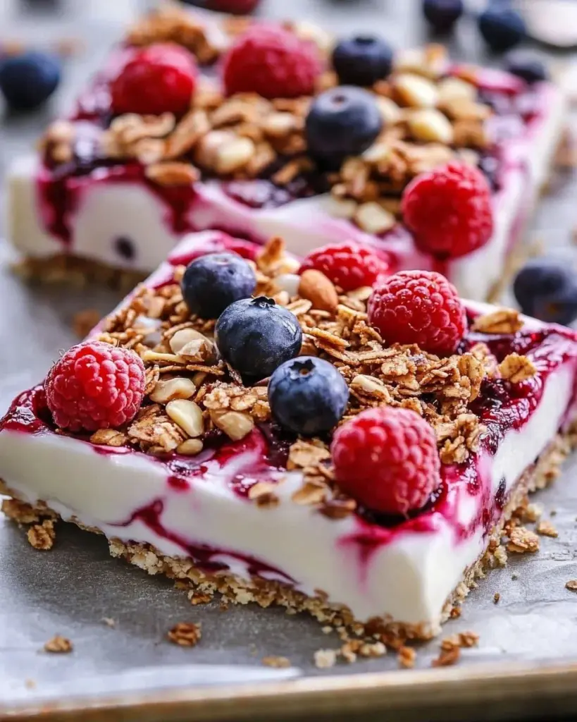 Delicious yogurt bark topped with berries and nuts, a healthy snack option.
