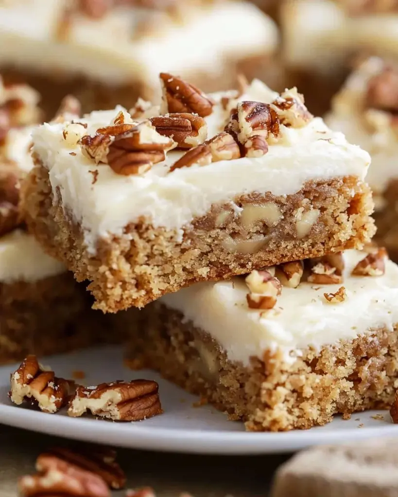 Moist and delicious carrot cake bars topped with cream cheese frosting.