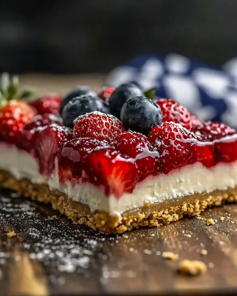 Creamy No-Bake American Flag Strawberry Cheesecake Sheet Dessert