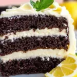 Delicious lemon chocolate cake topped with frosting and lemon slices.