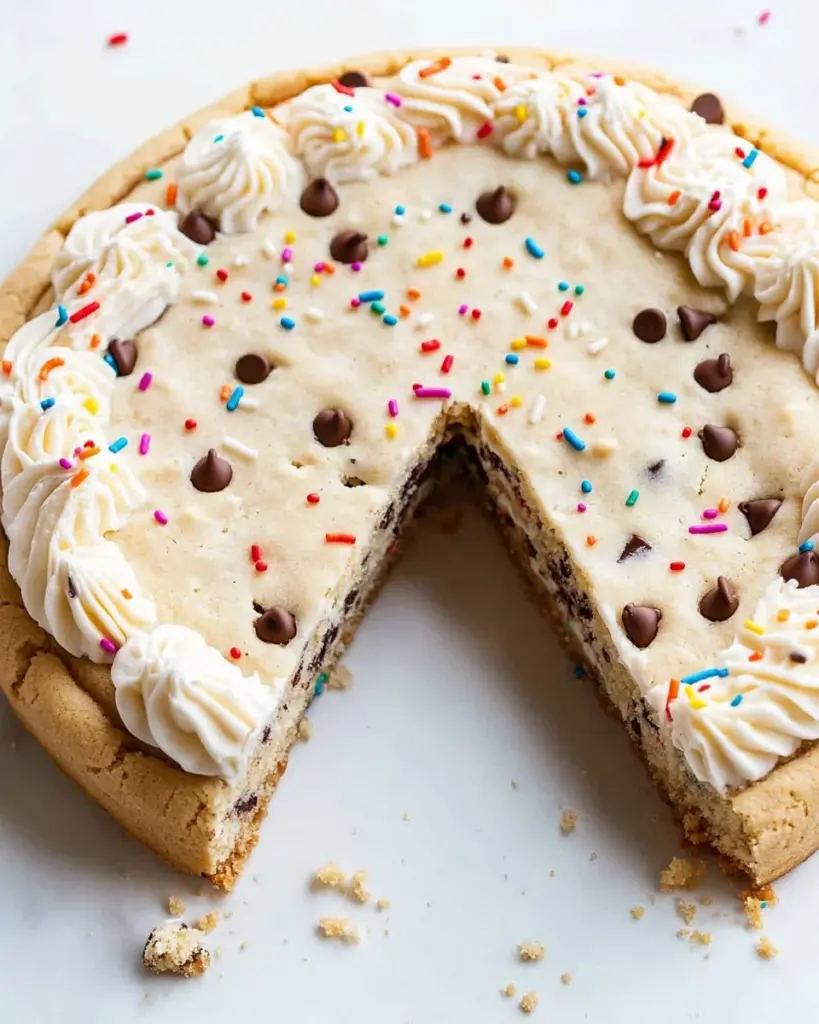 Delicious homemade cookie cake with chocolate chips and frosting