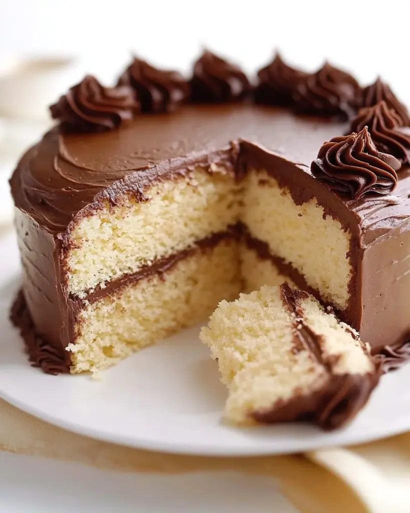 Moist yellow cake beautifully frosted and decorated on a serving plate.