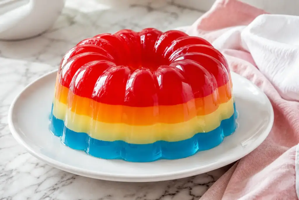 Rainbow layered gelatin dessert unmolded onto a white plate, showing red, orange, yellow, and blue stripes