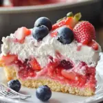 Delicious Strawberry Jello Poke Cake topped with whipped cream and fresh strawberries.