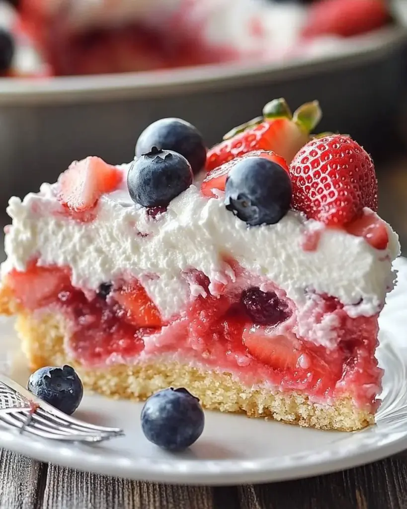 Delicious Strawberry Jello Poke Cake topped with whipped cream and fresh strawberries.