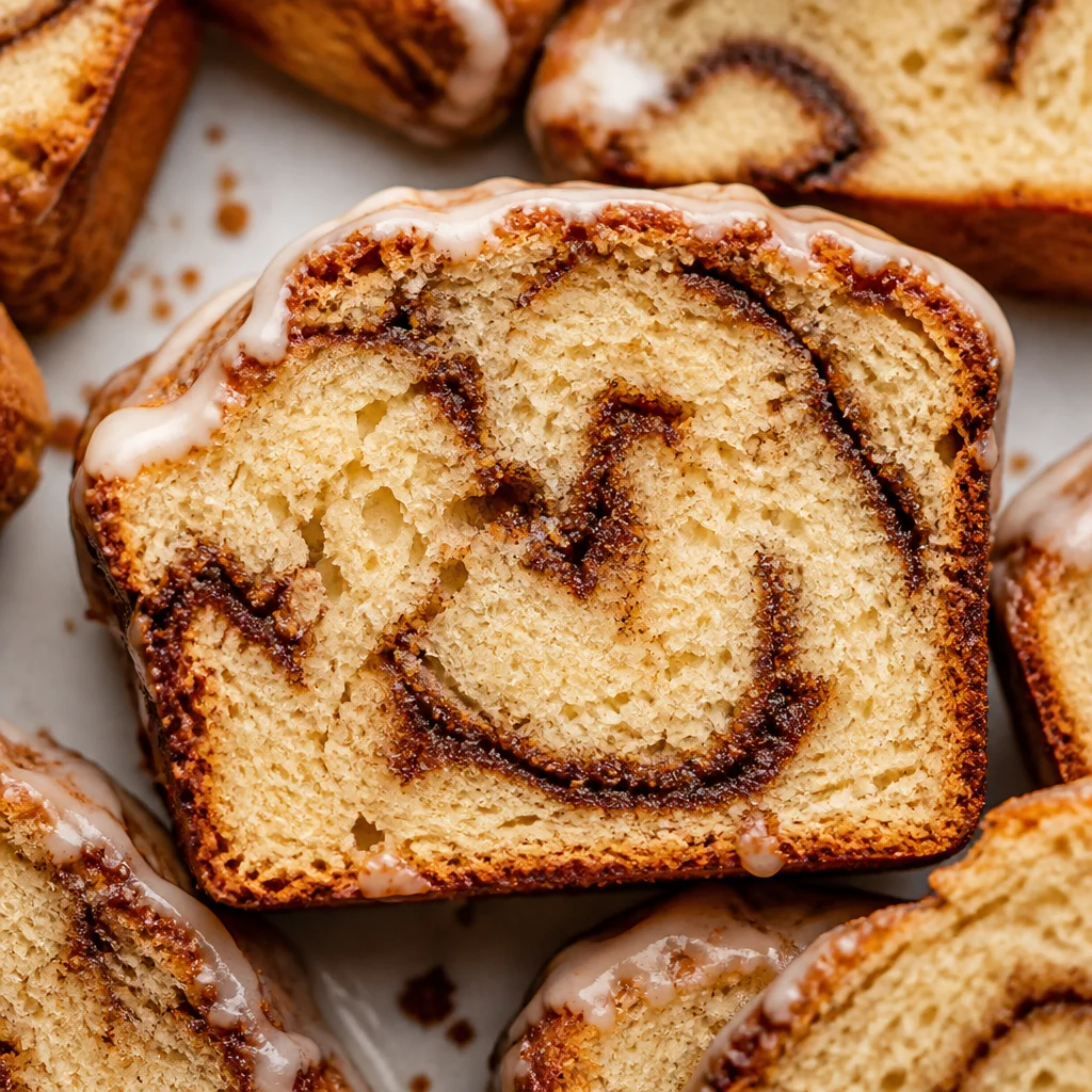 Delicious slice of homemade cinnamon swirl breakfast quick bread on a plate.