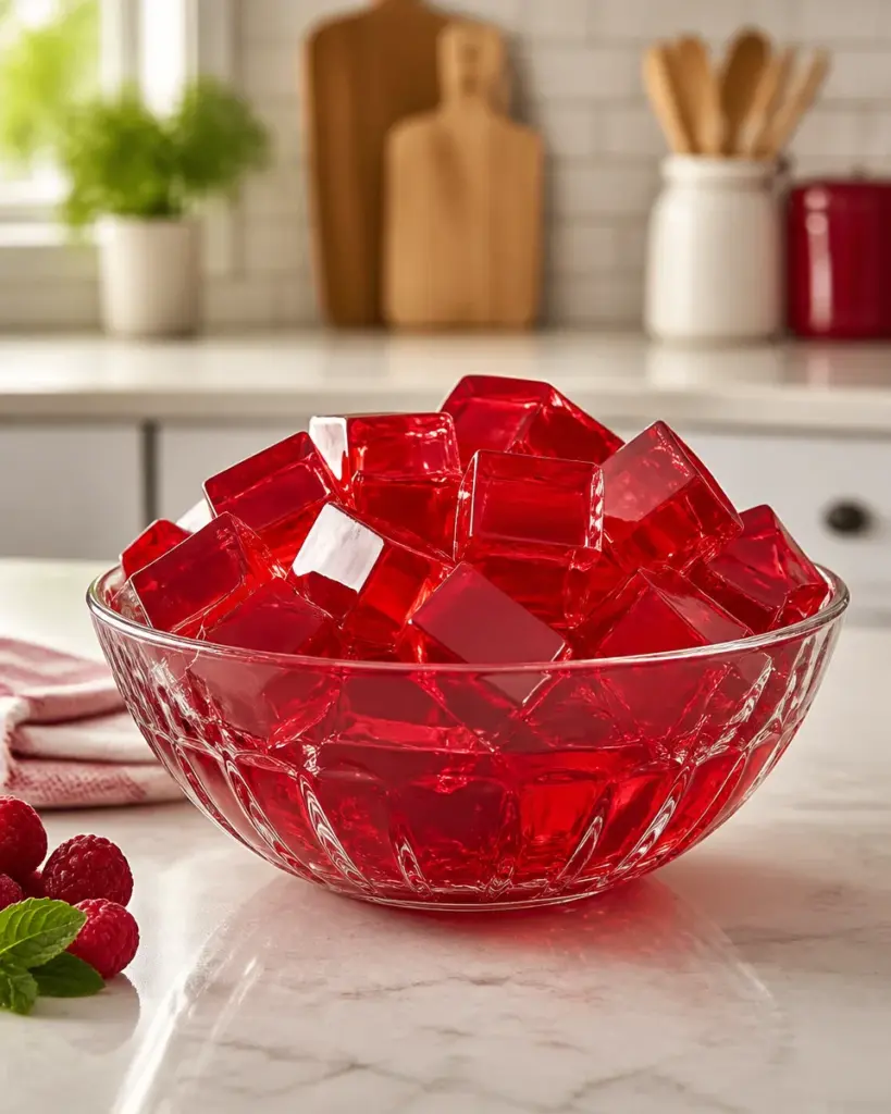 Bowl of chilled red gelatin cubes on a kitchen counter, ready to serve