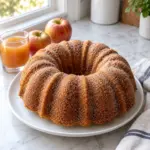 Apple cider donut Bundt cake coated with cinnamon sugar on a white platter beside apples and cider.