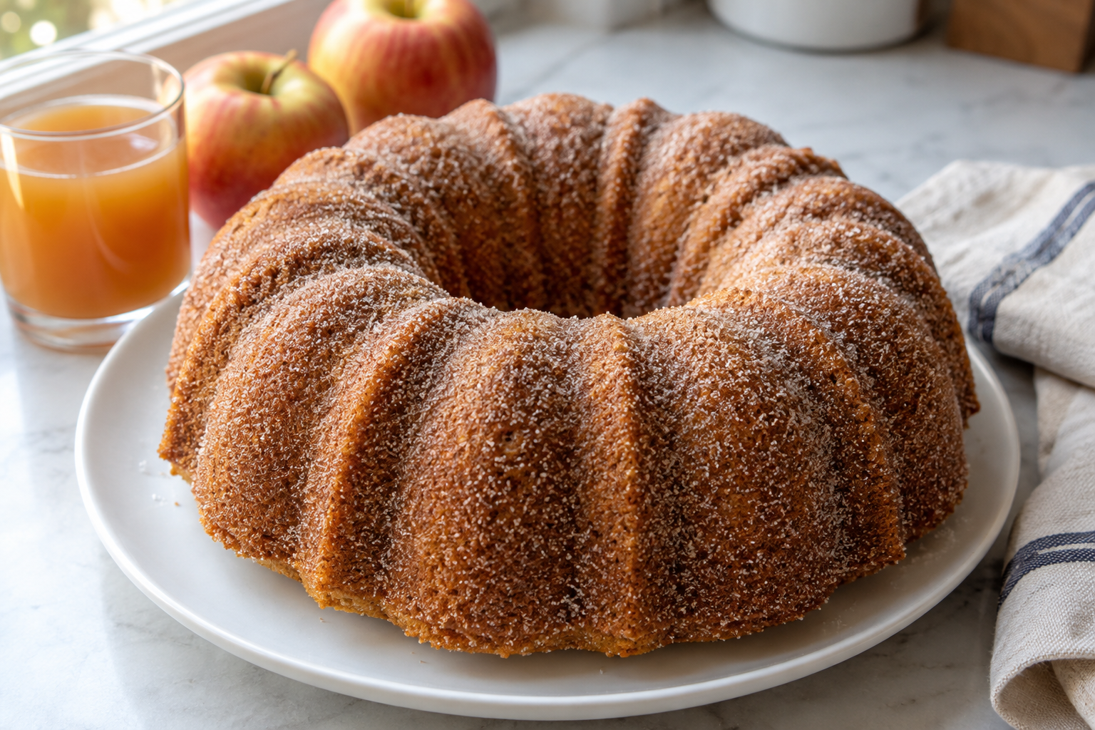 Apple cider donut Bundt cake coated with cinnamon sugar on a white platter beside apples and cider.