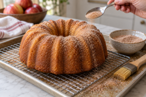 Cinnamon sugar being sprinkled over a butter-brushed apple cider Bundt cake on a cooling rack.