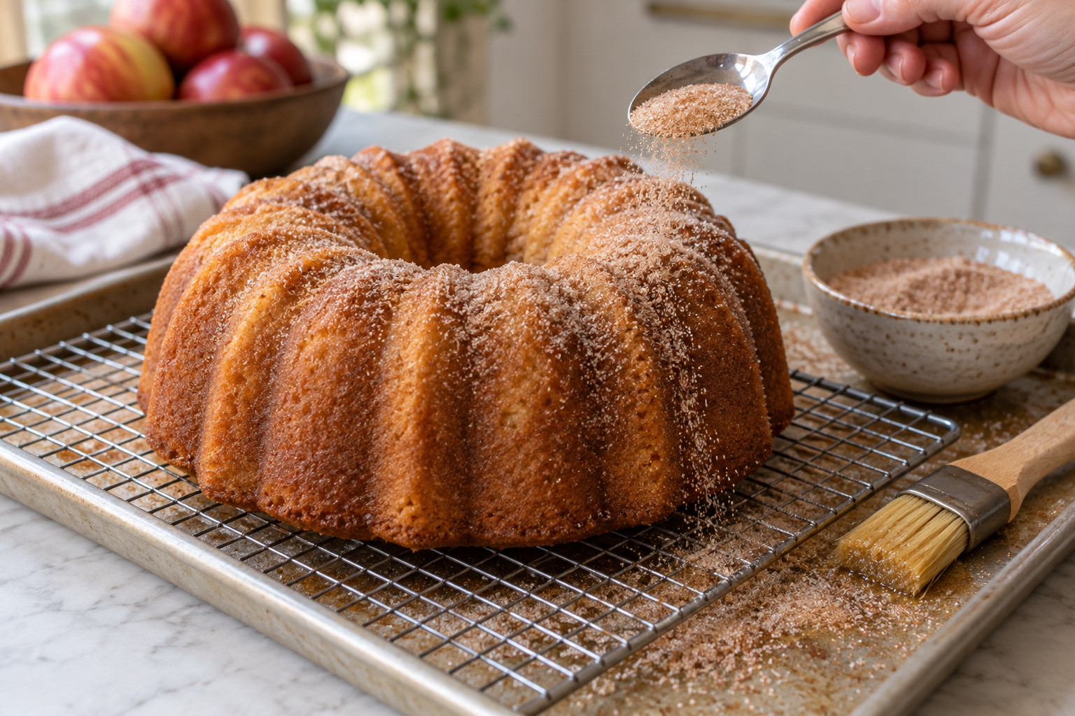 Cinnamon sugar being sprinkled over a butter-brushed apple cider Bundt cake on a cooling rack.