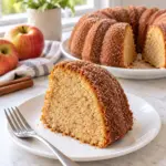 Slice of apple cider donut cake showing a tender spiced crumb and cinnamon-sugar crust.