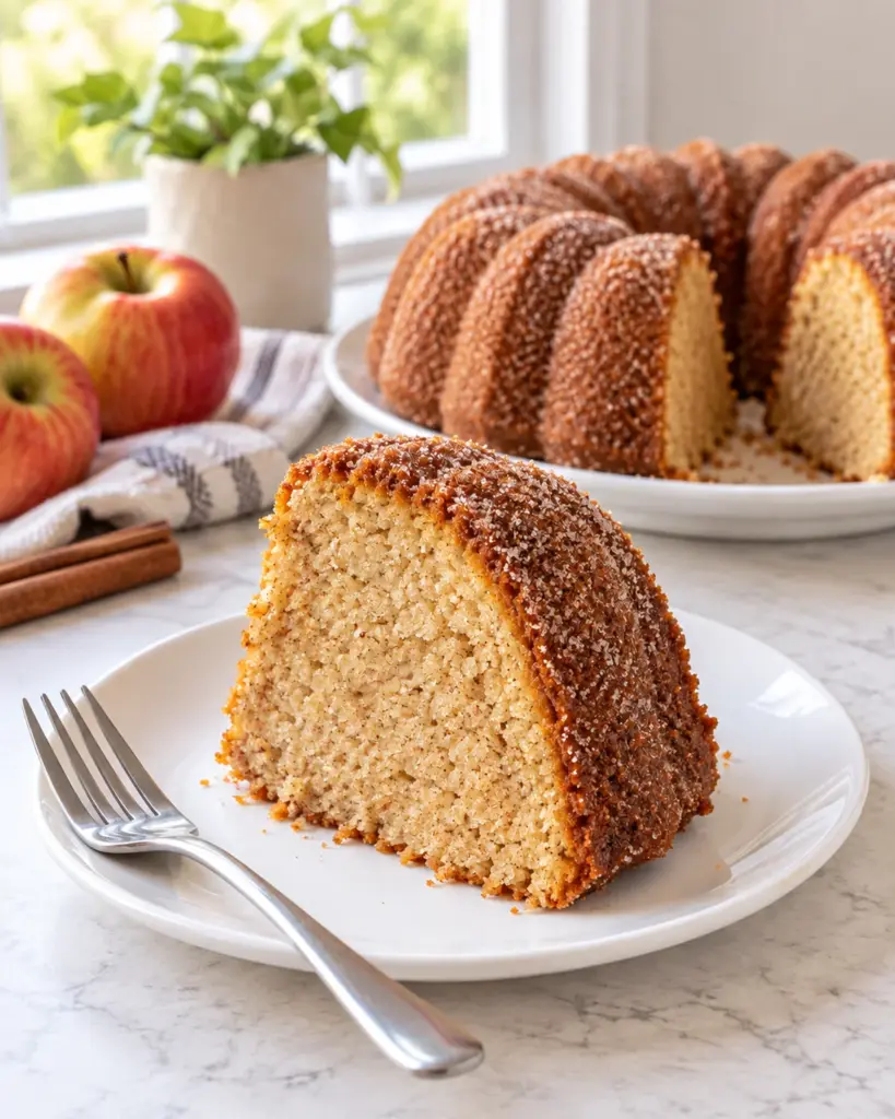 Slice of apple cider donut cake showing a tender spiced crumb and cinnamon-sugar crust.