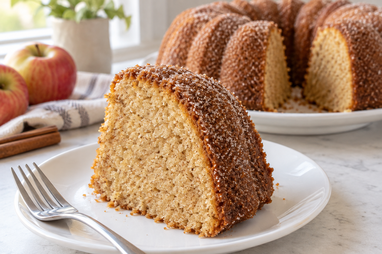 Slice of apple cider donut cake showing a tender spiced crumb and cinnamon-sugar crust.