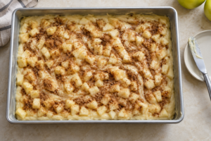 Diced apples and cinnamon sugar layered over apple fritter cake batter in a 9x13-inch pan before baking.