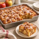 Glazed apple fritter cake in a rectangular pan with a square slice showing apple pieces and cinnamon swirls.