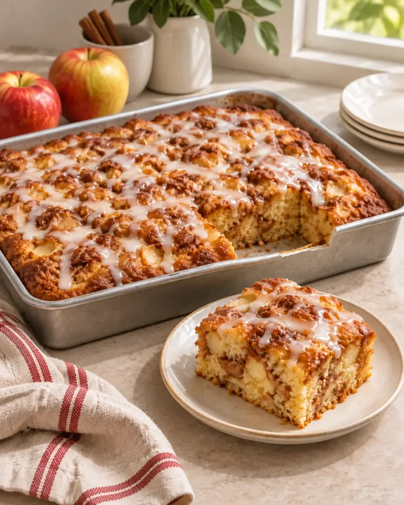 Glazed apple fritter cake in a rectangular pan with a square slice showing apple pieces and cinnamon swirls.