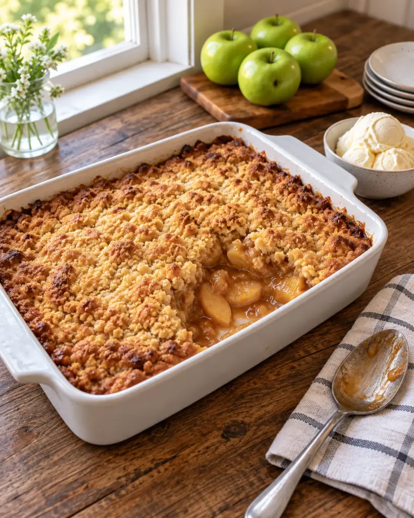 Caramel apple dump cake with a golden cake-mix topping and apple filling in a white baking dish.