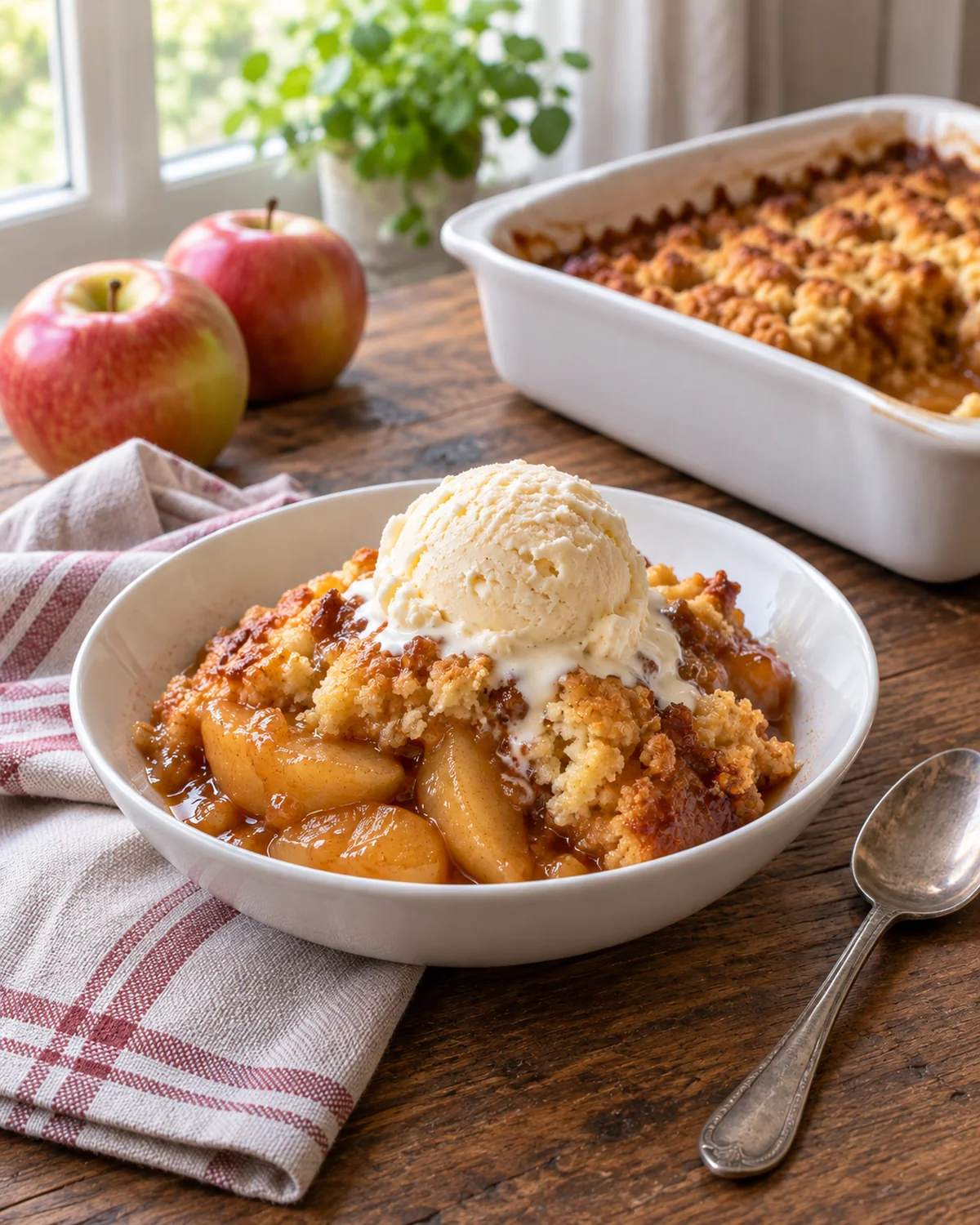 Warm caramel apple dump cake with tender apple slices and a scoop of vanilla ice cream.
