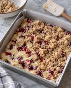 Cranberries and cold-butter streusel layered over thick coffee cake batter in an 8-inch pan