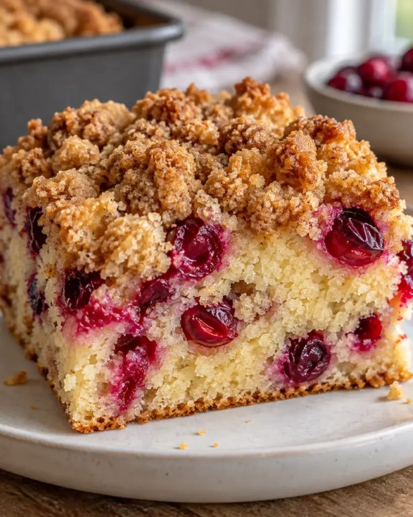 Square slice of cranberry coffee cake showing tender crumb, baked cranberries, and buttery streusel