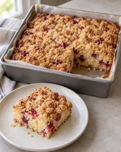 Baked cranberry streusel coffee cake in a square pan with one serving removed