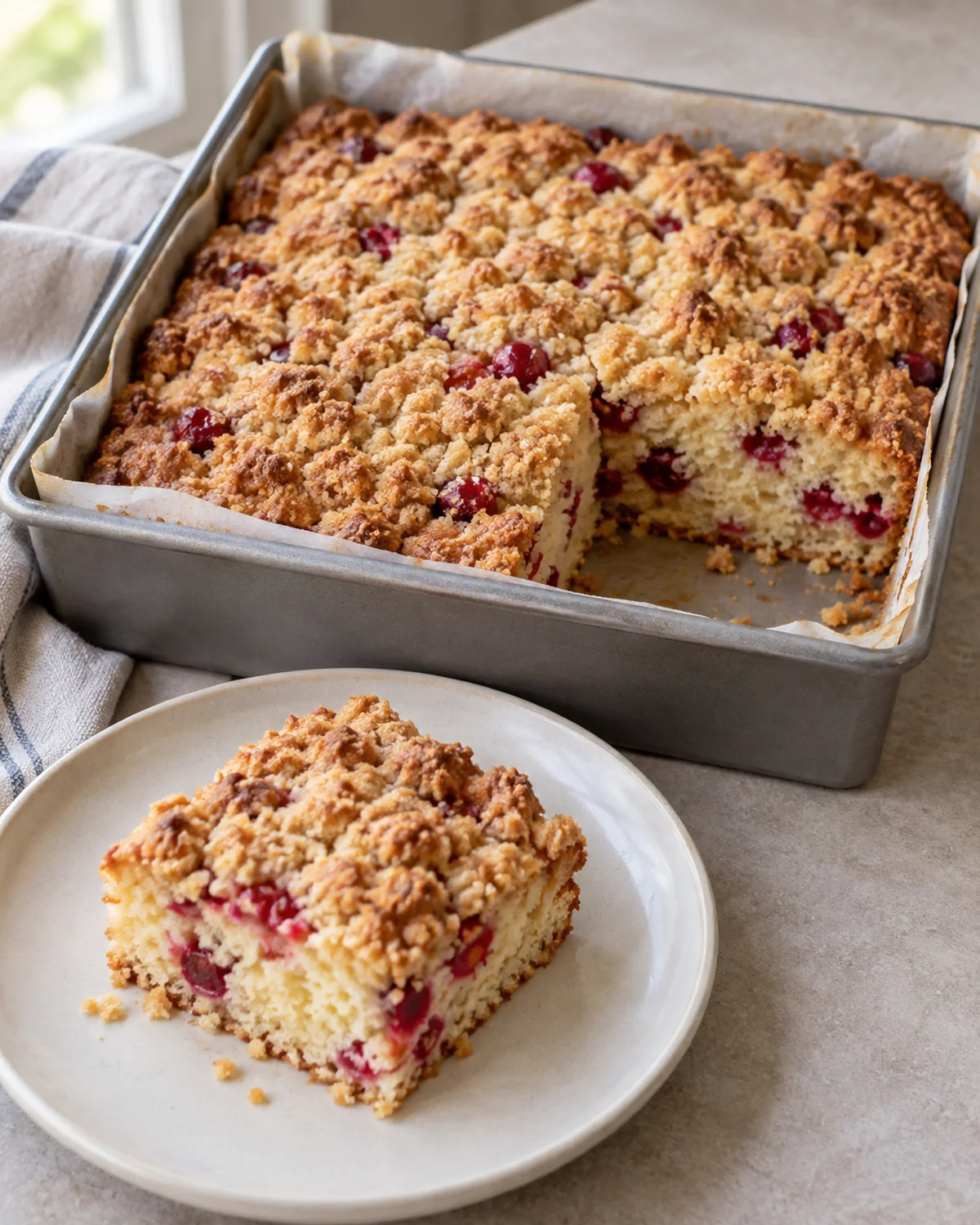 Baked cranberry streusel coffee cake in a square pan with one serving removed