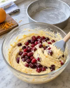 Fresh cranberries folded into orange cake batter beside a prepared round pan