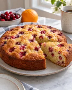 Round cranberry orange breakfast cake with a slice cut to show the cranberry crumb