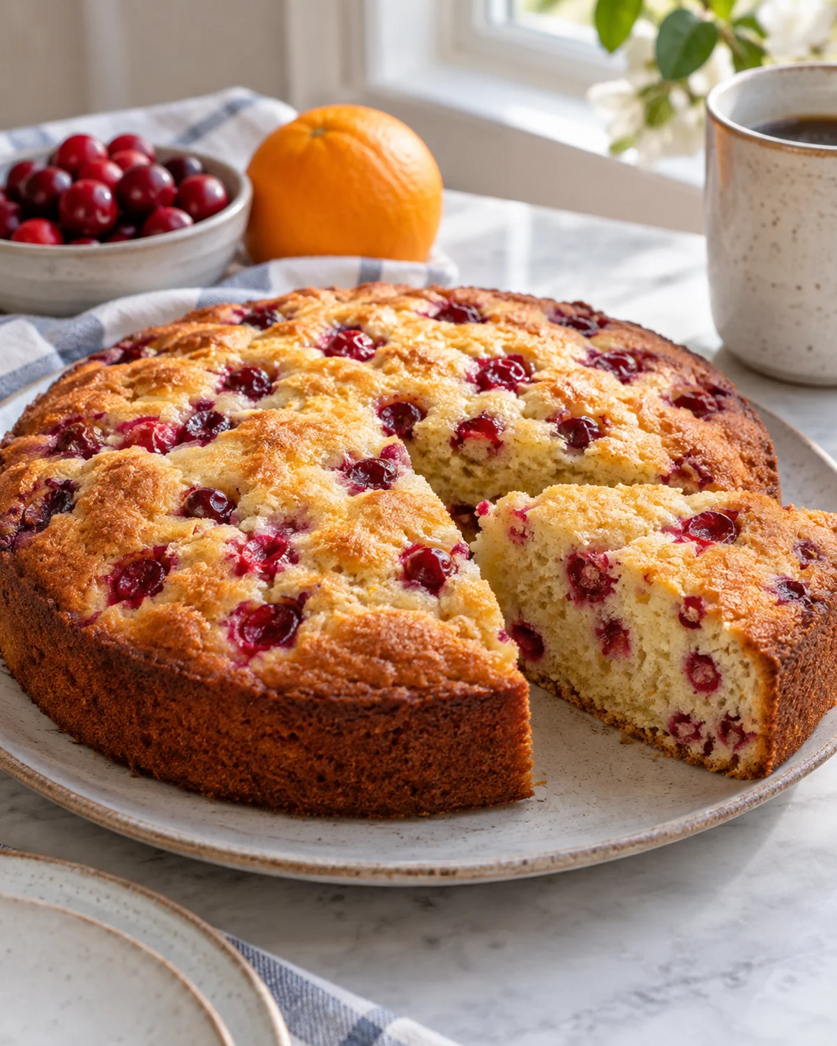 Round cranberry orange breakfast cake with a slice cut to show the cranberry crumb