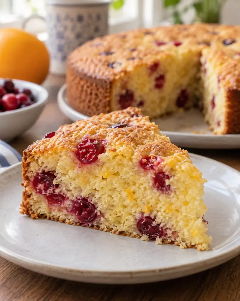 Slice of round cranberry orange breakfast cake showing baked cranberries and tender crumb